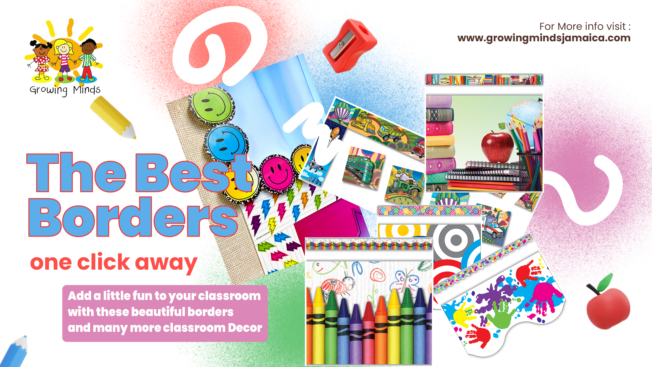 A colourful selection of classroom borders and art supplies